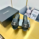 BOWKNOT RHINESTONES MID HEEL MULE IN BLACK CALFSKIN